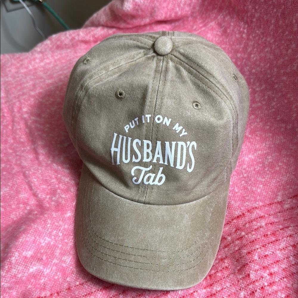 “Put it on my husbands tab” Tan Baseball Cap with Fun Slogan