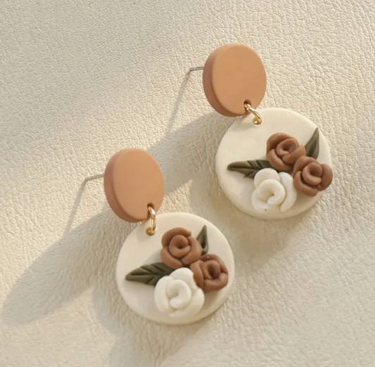 Handmade Polymer Clay Pendant Dangle Earrings with Brown Flower