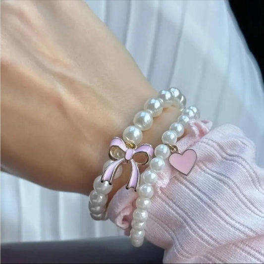 Pearl bow and heart bracelet set